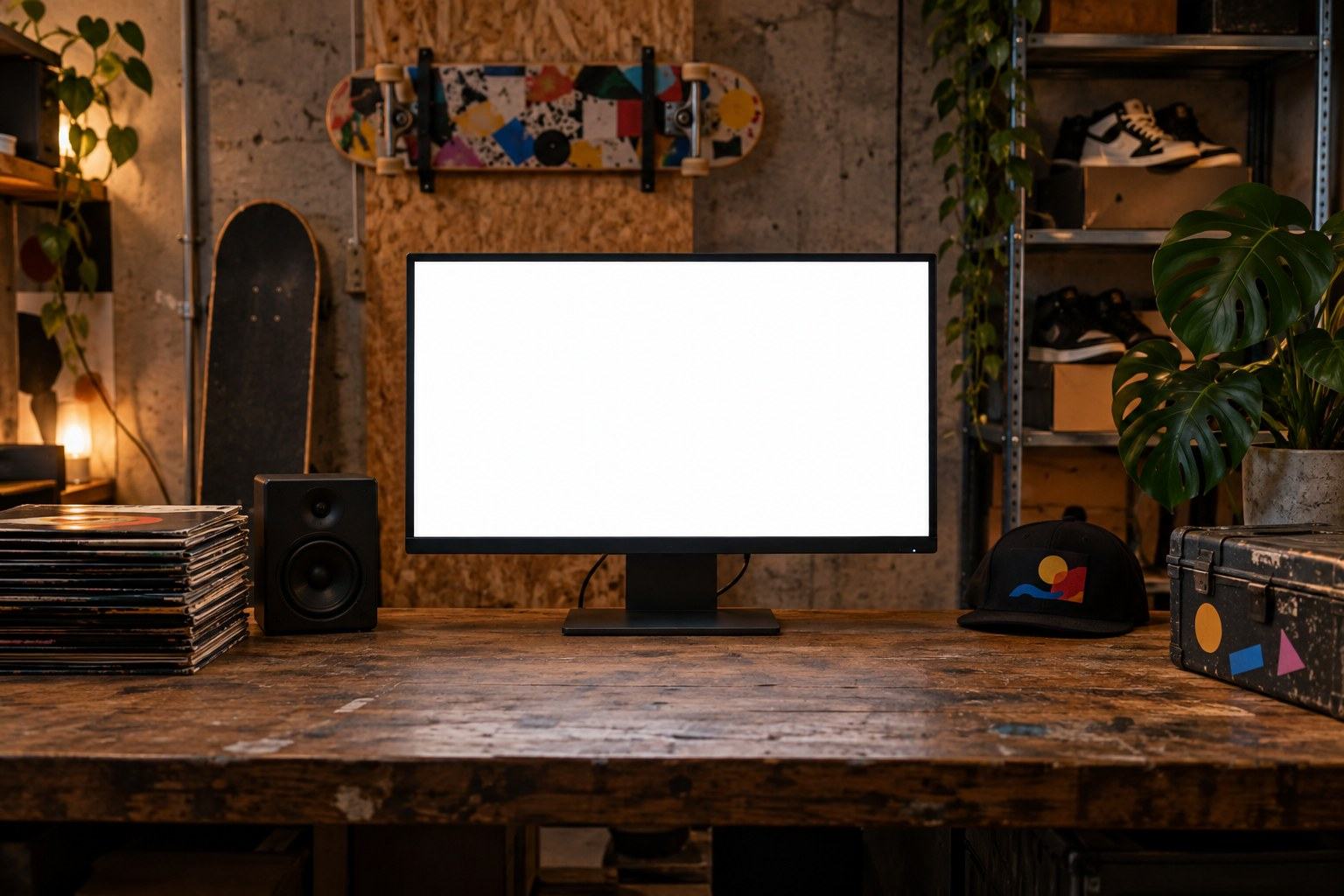 スケートボードやレコードのある部屋に置いたモニター